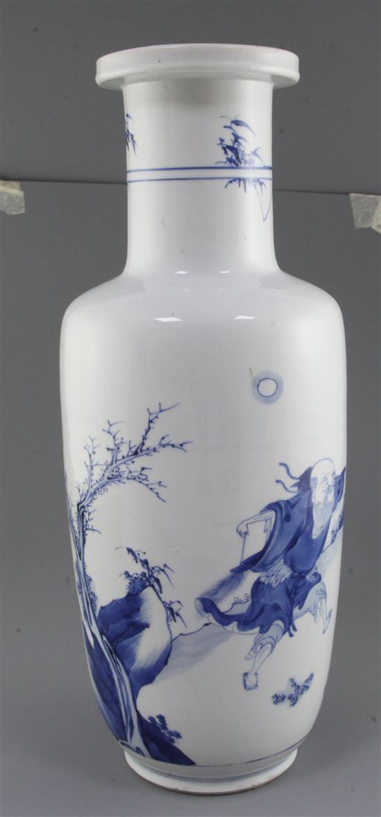 A large Chinese blue and white rouleau vase, Kangxi period (1662-1722), 46.5cm, hairline body cracks